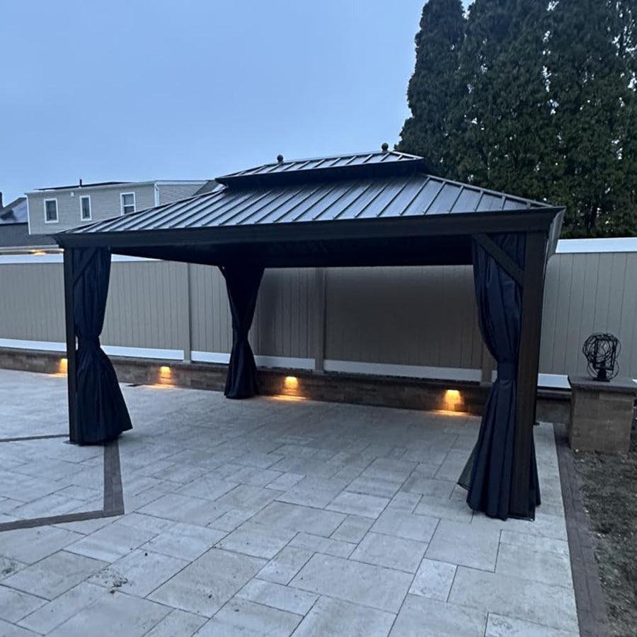 Outdoor Hardtop Gazebo for Patio Bronze Aluminum Frame Pavilion with Navy-Blue Curtain and String Lights-clear - Image 110
