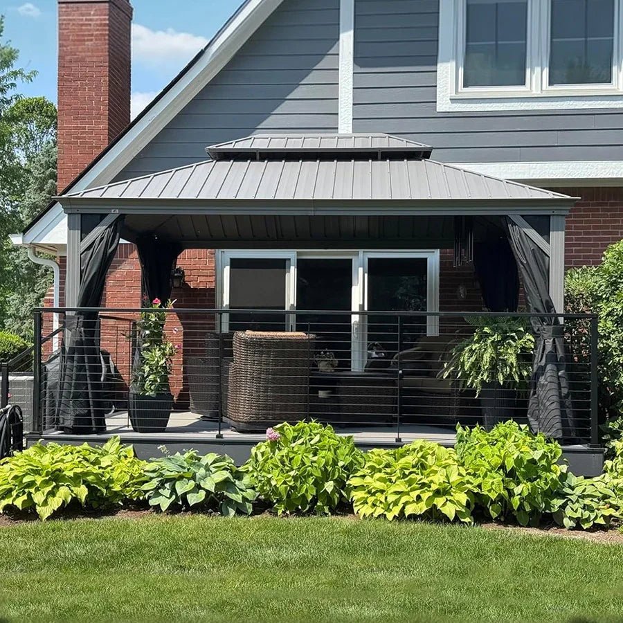Patio Gazebo for Pool Light Grey Hardtop Galvanized Steel Roof with Upgraded Curtains - Image 87