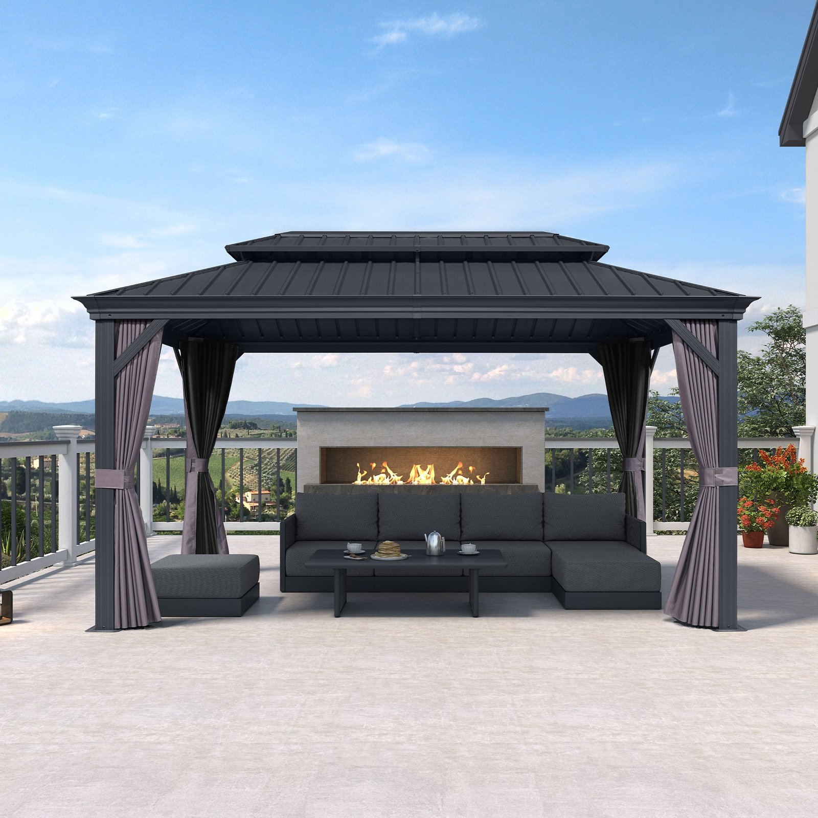 Patio Gazebo for Backyard Grey Hardtop Galvanized Steel Roof Awning with Upgrade Curtain - Image 175