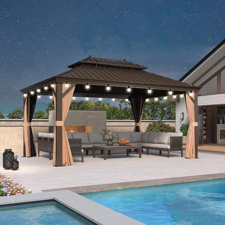 Outdoor Hardtop Gazebo for Garden Bronze Double Roof Aluminum Frame Pavilion with String Lights-clear - Image 6