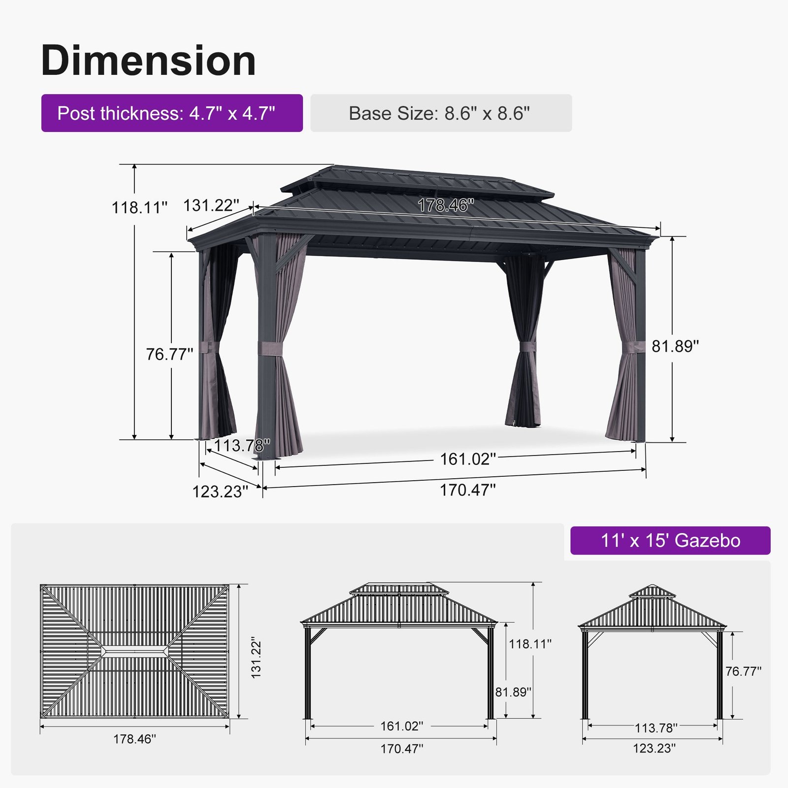 Gazebo for Backyard Grey Hardtop Galvanized Steel Roof Awning with String Lights-clear - Image 150