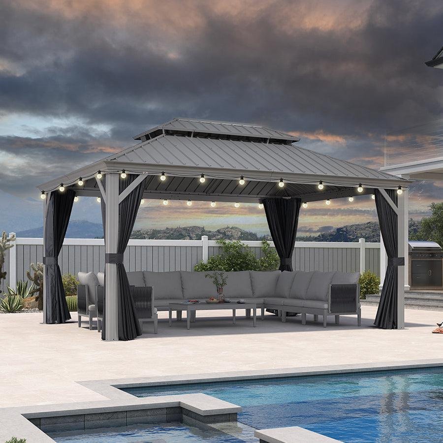Patio Gazebo for Pool Light Grey Hardtop Galvanized Steel Roof with String Lights-clear - Image 62