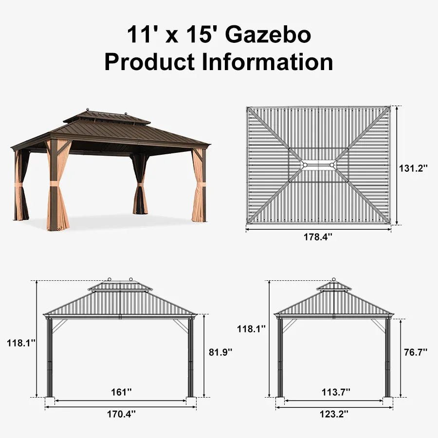 Outdoor Hardtop Gazebo for Garden Bronze Double Roof Aluminum Frame Pavilion - Image 123
