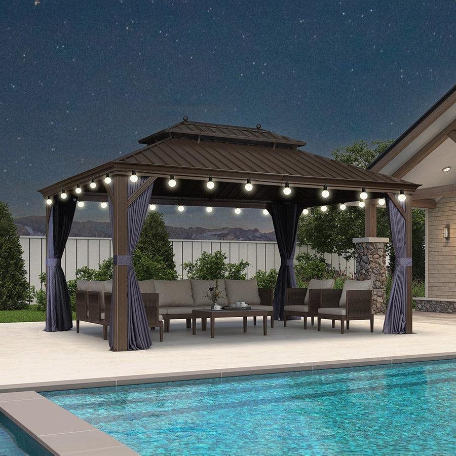 Outdoor Hardtop Gazebo for Patio Bronze Aluminum Frame Pavilion with Navy-Blue Curtain and String Lights-clear - Image 79