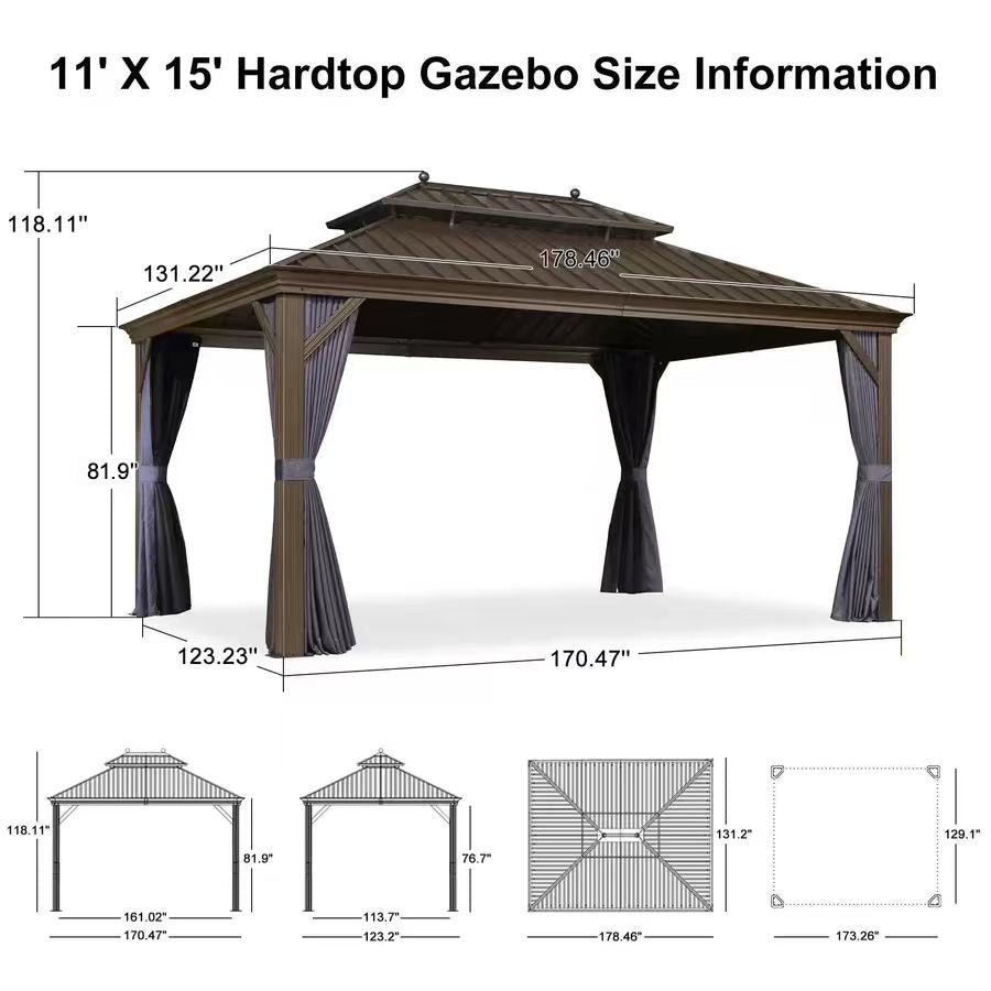 Outdoor Hardtop Gazebo for Patio Bronze Aluminum Frame Pavilion with Navy-Blue Curtain and String Lights-clear - Image 134