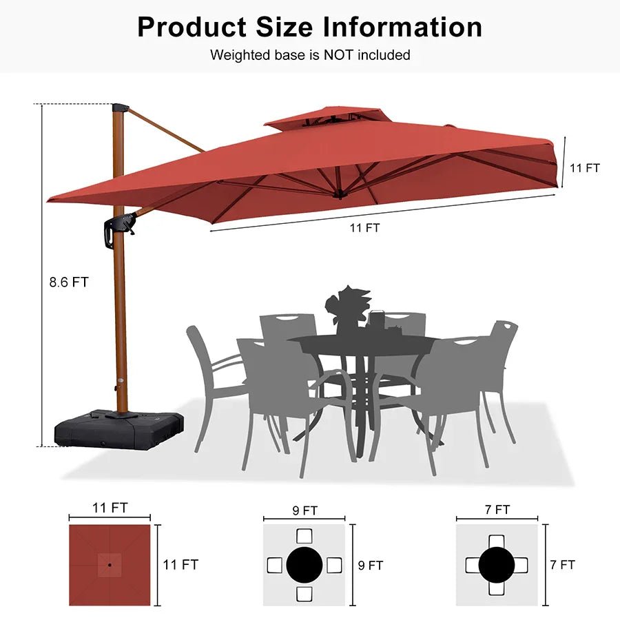 Double Top 9 / 10 / 11 / 12 ft Square Aluminum Sun Umbrellas in Wood Color - Image 178