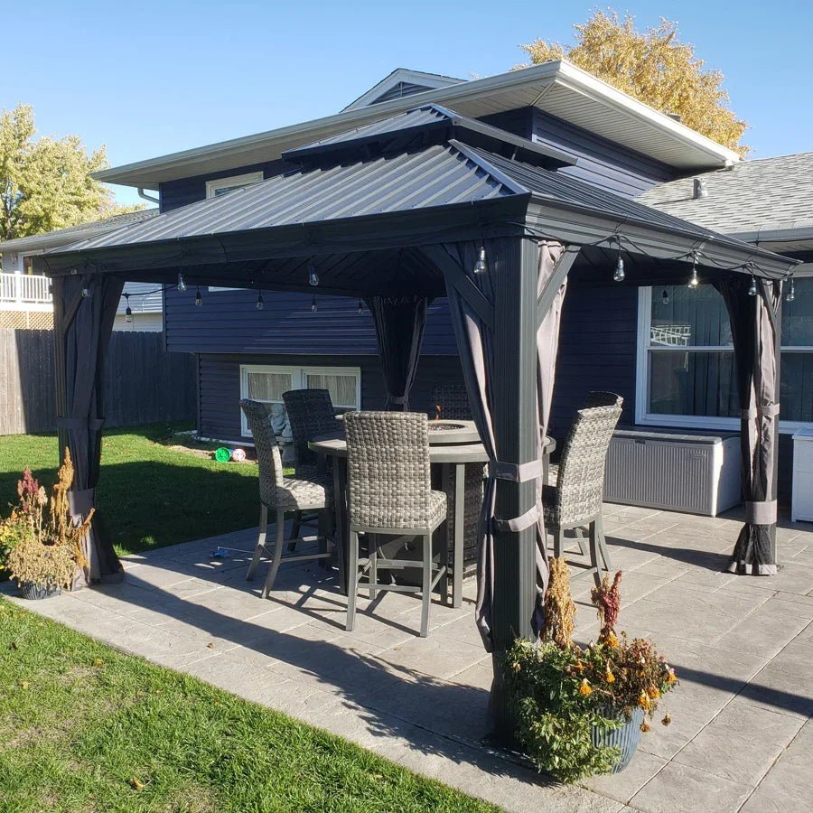 Gazebo for Backyard Grey Hardtop Galvanized Steel Roof Awning with String Lights-clear - Image 97