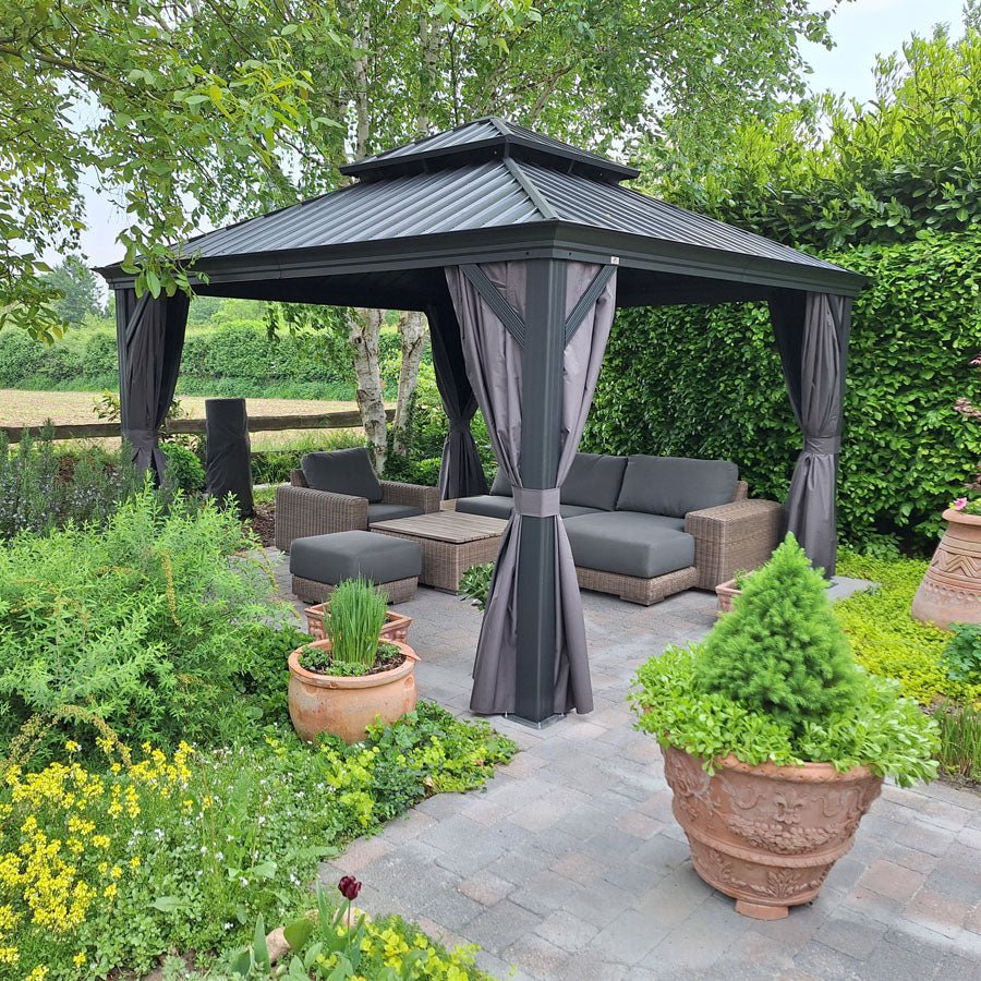 Gazebo for Backyard Grey Hardtop Galvanized Steel Roof Awning with String Lights-clear - Image 110