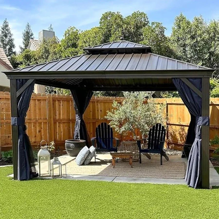 Outdoor Hardtop Gazebo for Patio Bronze Aluminum Frame Pavilion with Navy-Blue Curtain - Image 129