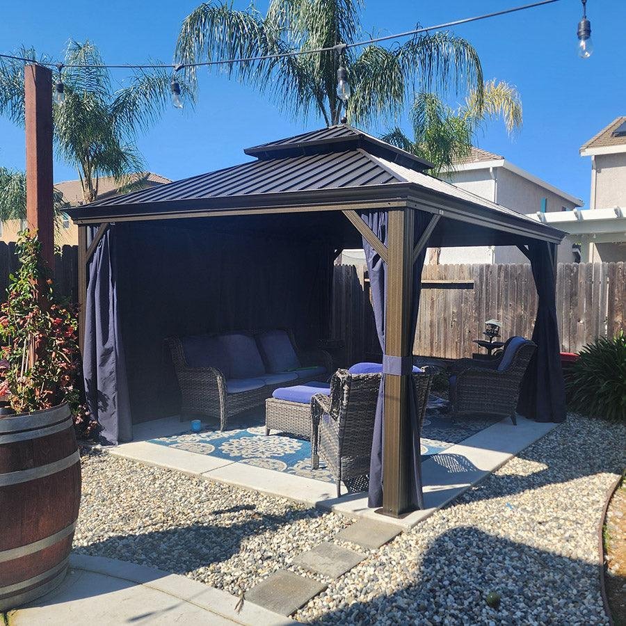 Outdoor Hardtop Gazebo for Patio Bronze Aluminum Frame Pavilion with Navy-Blue Curtain - Image 119