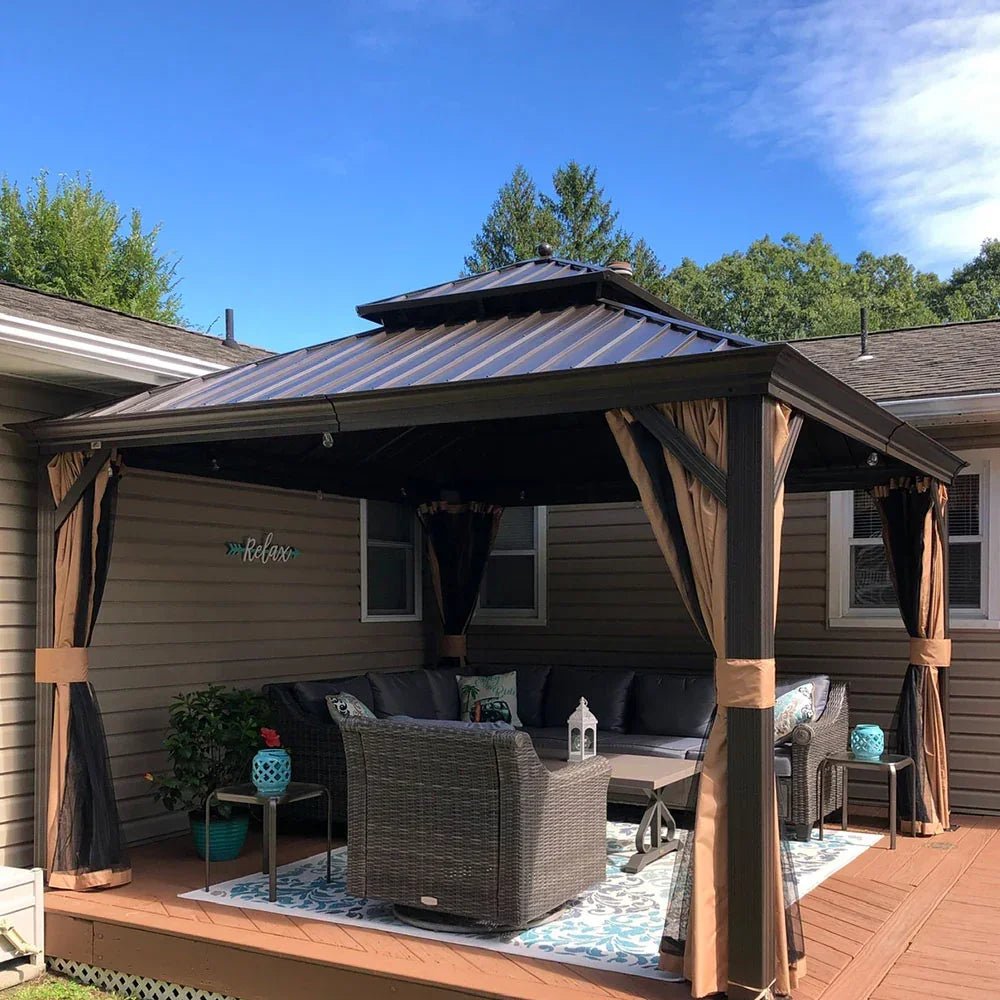 Outdoor Hardtop Gazebo for Garden Bronze Double Roof Aluminum Frame Pavilion with String Lights-clear - Image 130