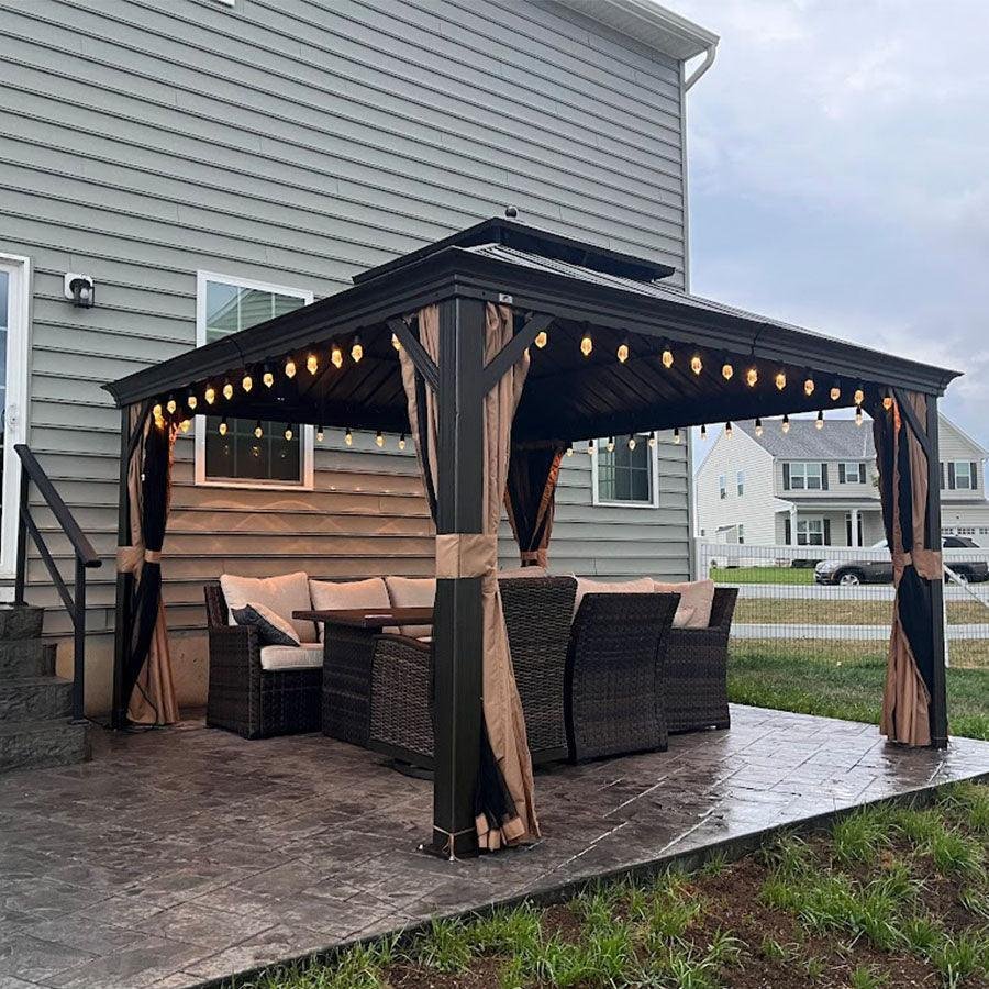 Outdoor Hardtop Gazebo for Garden Bronze Double Roof Aluminum Frame Pavilion with String Lights-milky - Image 56