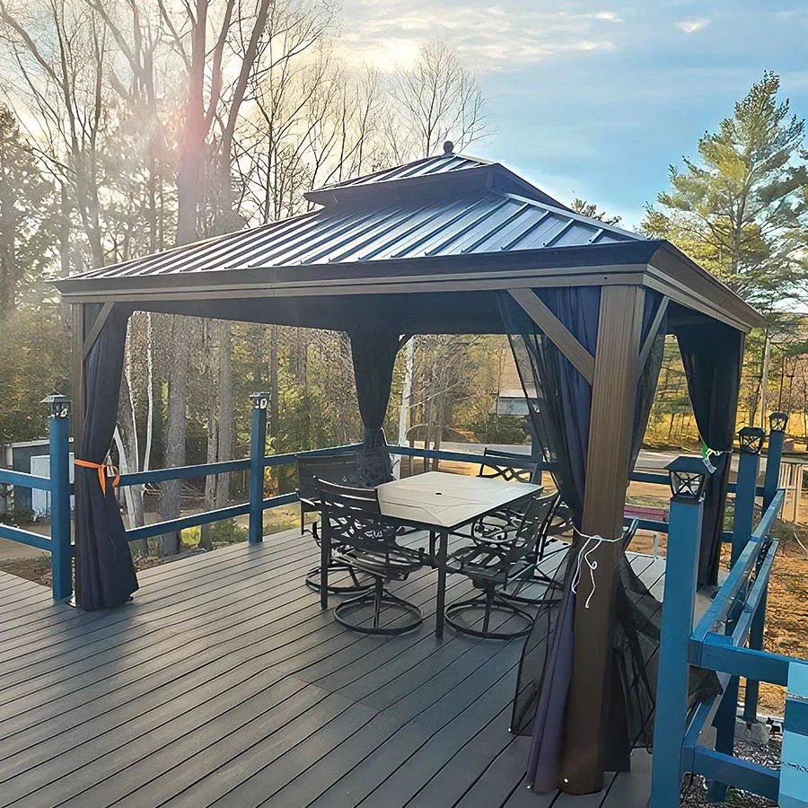 Outdoor Hardtop Gazebo for Patio Bronze Aluminum Frame Pavilion with Navy-Blue Curtain - Image 124
