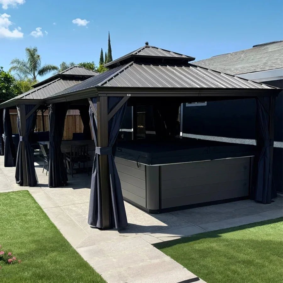 Outdoor Hardtop Gazebo for Patio Bronze Aluminum Frame Pavilion with Navy-Blue Curtain - Image 133