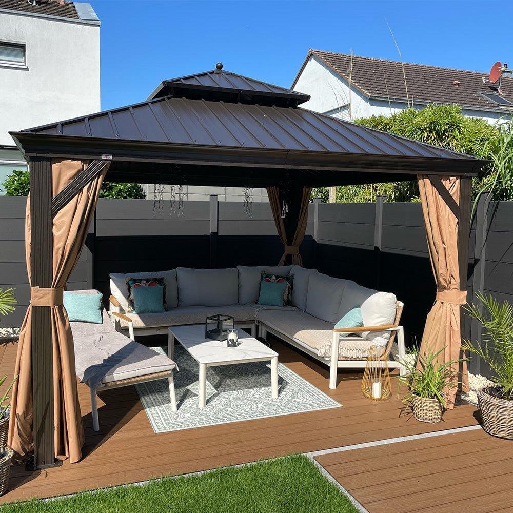 Outdoor Hardtop Gazebo for Garden Bronze Double Roof Aluminum Frame Pavilion with String Lights-milky - Image 46