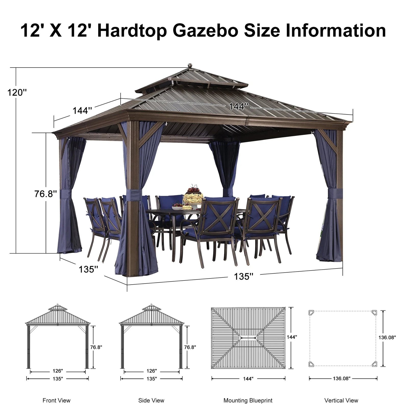 Outdoor Hardtop Gazebo for Patio Bronze Aluminum Frame Pavilion with Navy-Blue Curtain and String Lights-clear - Image 124