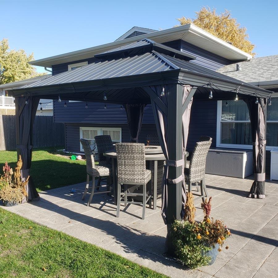 Gazebo for Backyard Grey Hardtop Galvanized Steel Roof Awning with String Lights-clear - Image 87