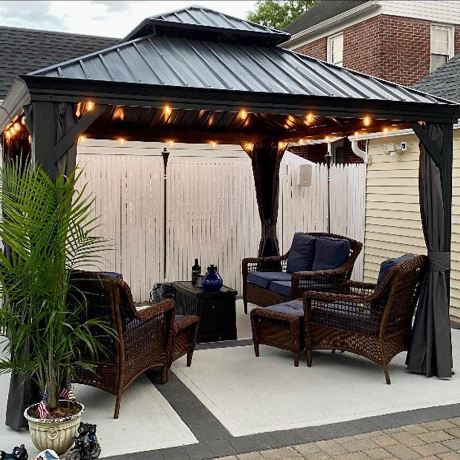 Gazebo for Backyard Grey Hardtop Galvanized Steel Roof Awning with String Lights-clear - Image 62