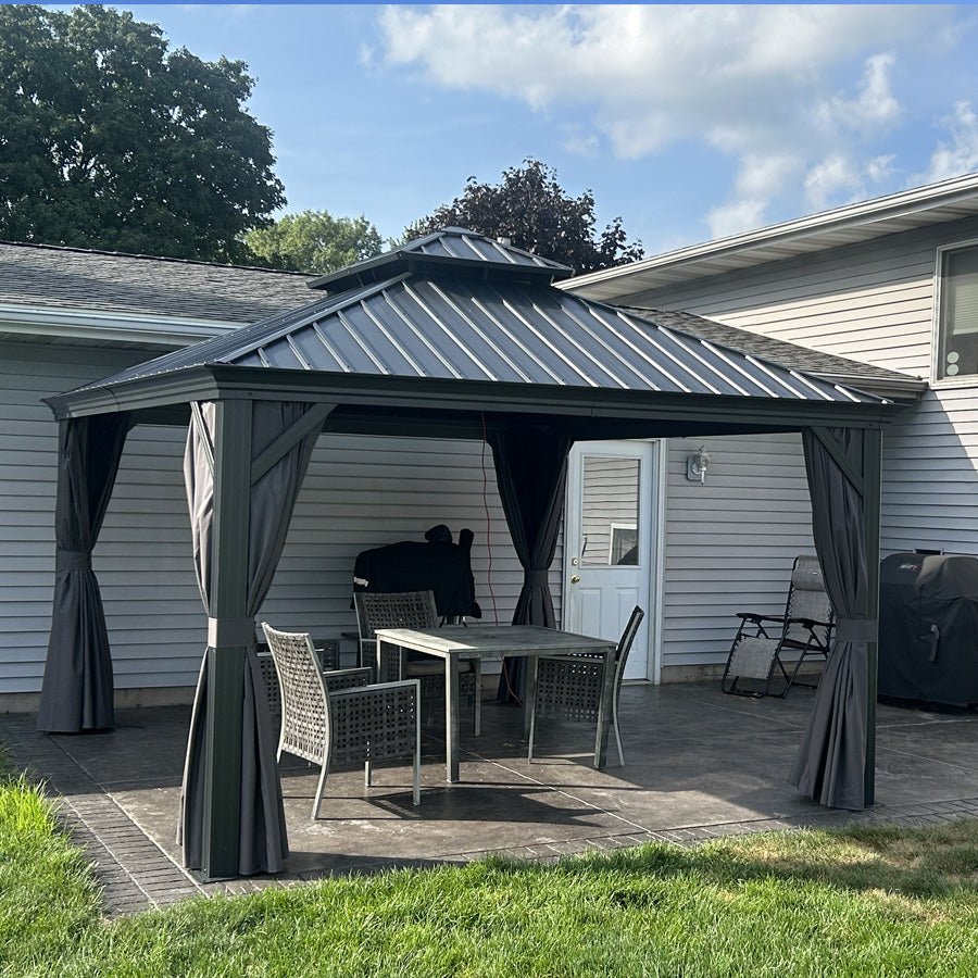 Gazebo for Backyard Grey Hardtop Galvanized Steel Roof Awning with String Lights-clear - Image 113