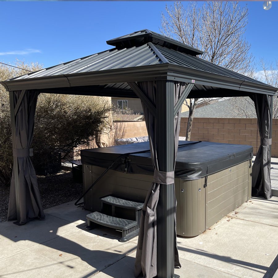 Gazebo for Backyard Grey Hardtop Galvanized Steel Roof Awning String Lights-milky - Image 88