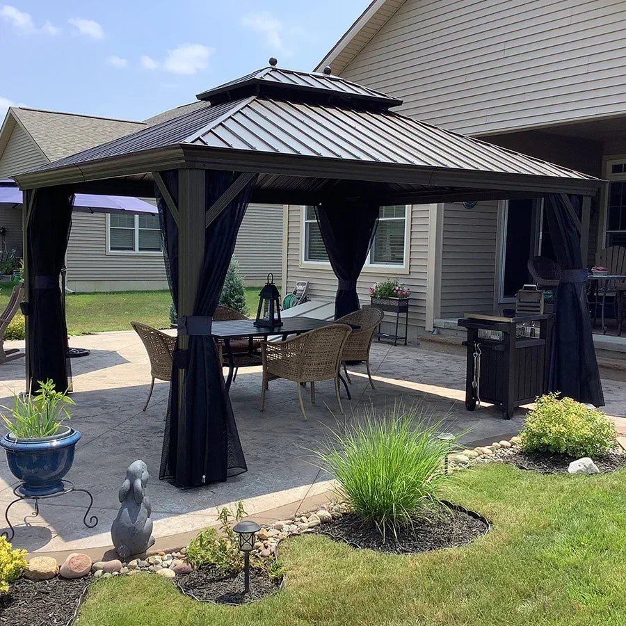 Outdoor Hardtop Gazebo for Patio Bronze Aluminum Frame Pavilion with Navy-Blue Curtain - Image 130