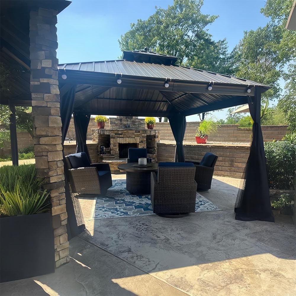 Outdoor Hardtop Gazebo for Patio Bronze Aluminum Frame Pavilion with Navy-Blue Curtain - Image 82
