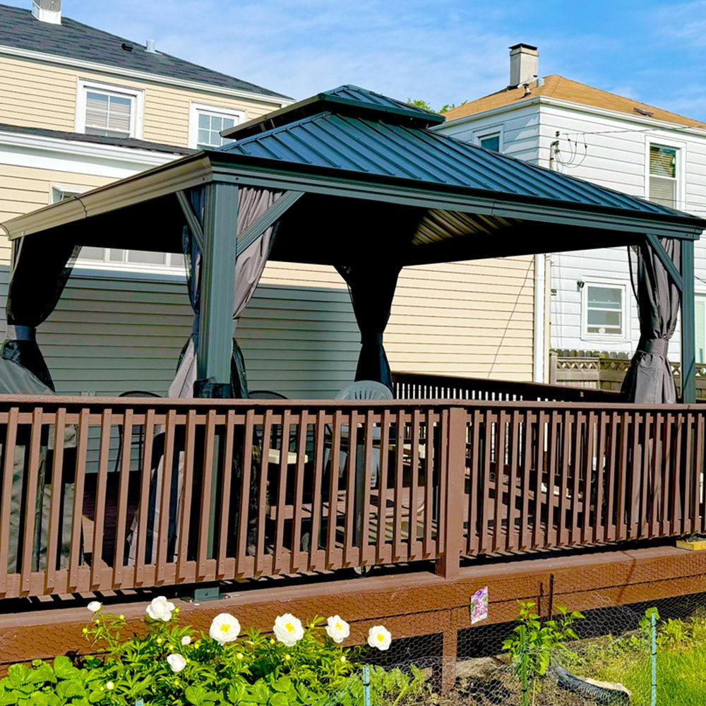 Gazebo for Backyard Grey Hardtop Galvanized Steel Roof Awning with String Lights-clear - Image 114