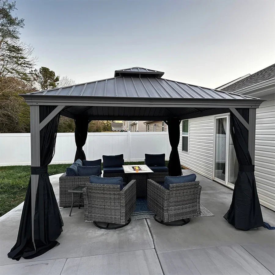 Patio Gazebo for Pool Light Grey Hardtop Galvanized Steel Roof with String Lights-clear - Image 50