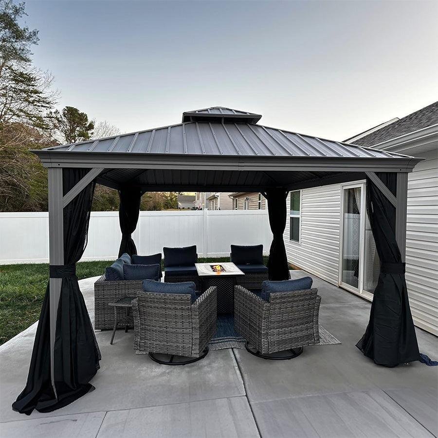 Patio Gazebo for Pool Light Grey Hardtop Galvanized Steel Roof with Upgraded Curtains - Image 7