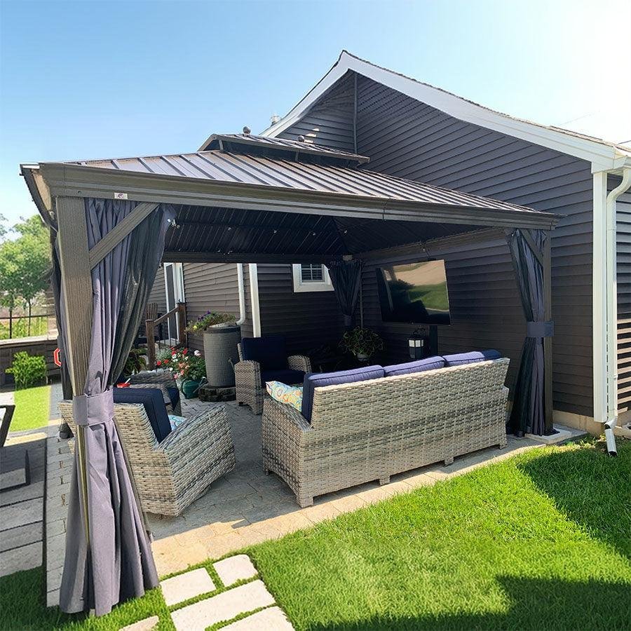 Outdoor Hardtop Gazebo for Patio Bronze Aluminum Frame Pavilion with Navy-Blue Curtain - Image 117