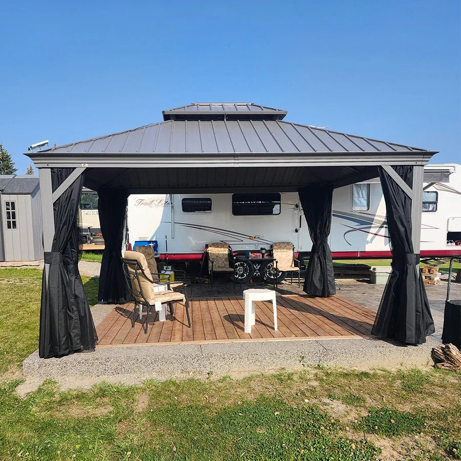 Patio Gazebo for Pool Light Grey Hardtop Galvanized Steel Roof with Upgraded Curtains - Image 88