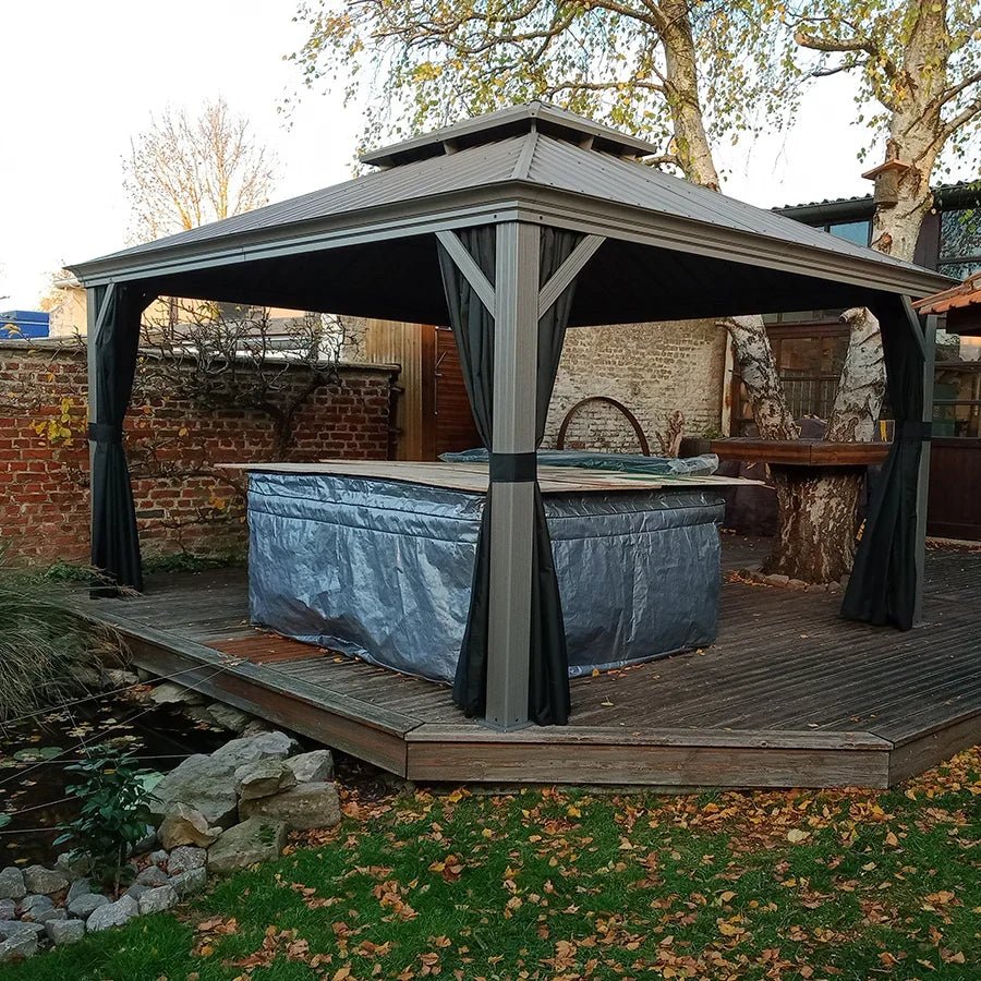 Patio Gazebo for Pool Light Grey Hardtop Galvanized Steel Roof with Upgraded Curtains - Image 118