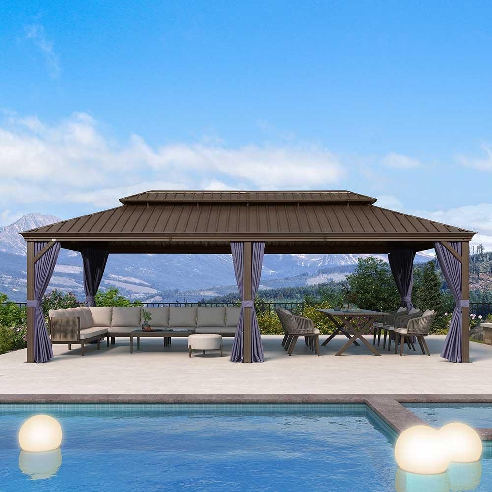 Outdoor Hardtop Gazebo for Patio Bronze Aluminum Frame Pavilion with Navy-Blue Curtain - Image 90