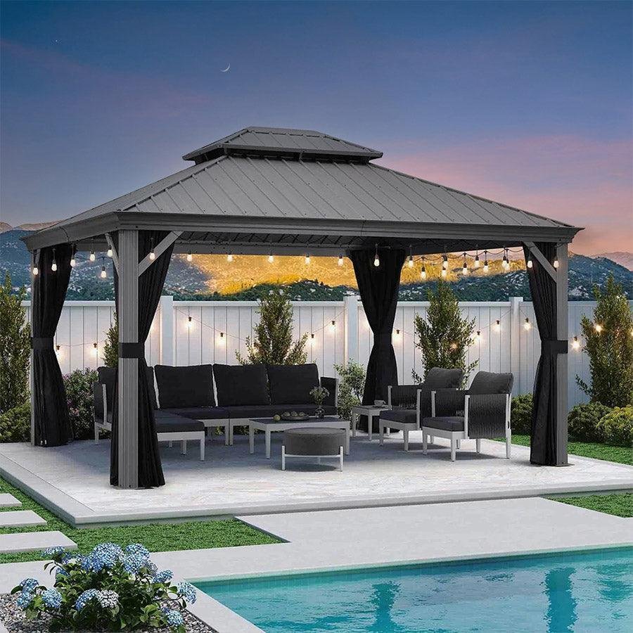 Patio Gazebo for Pool Light Grey Hardtop Galvanized Steel Roof with String Lights-clear - Image 51