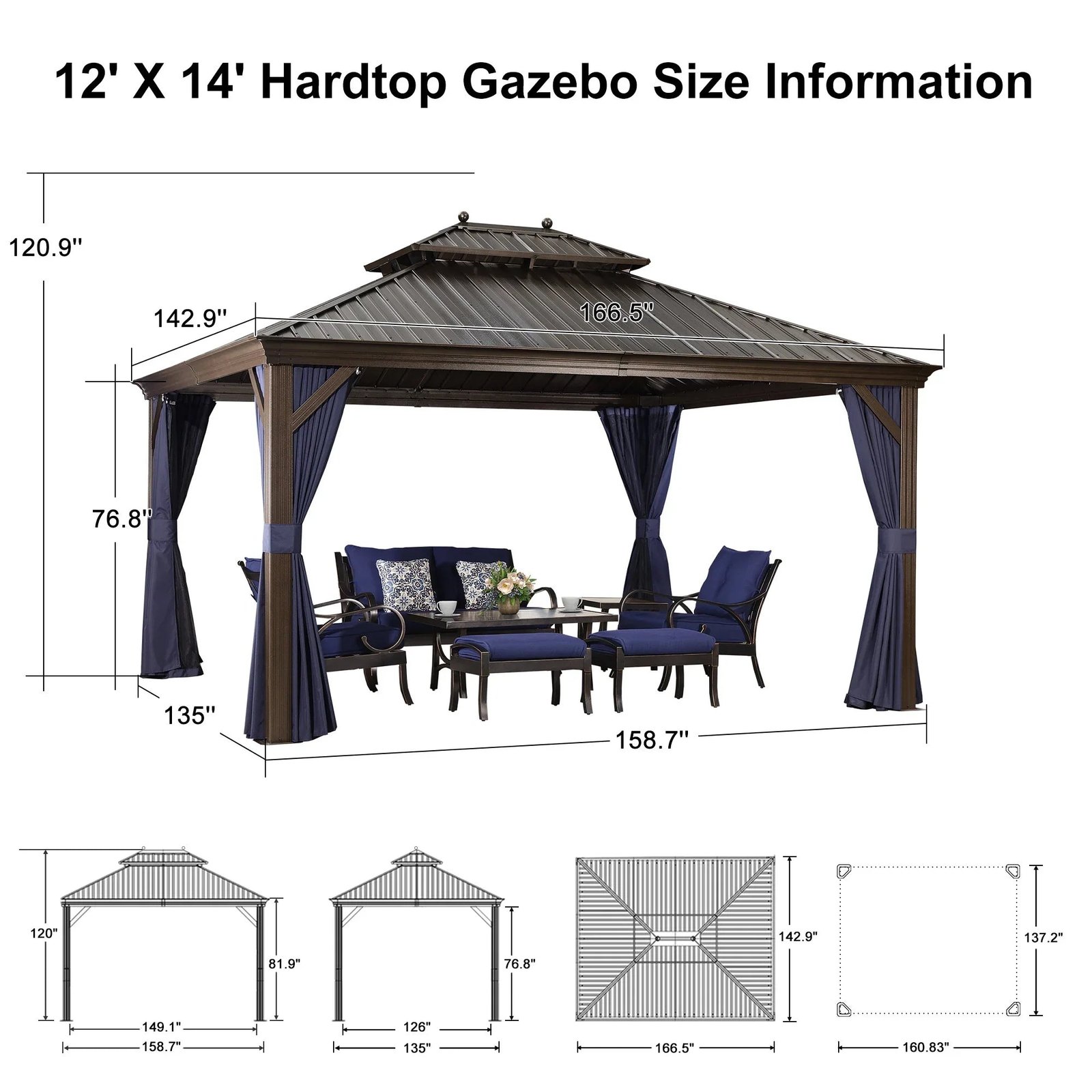 Outdoor Hardtop Gazebo for Patio Bronze Aluminum Frame Pavilion with Navy-Blue Curtain and String Lights-clear - Image 125