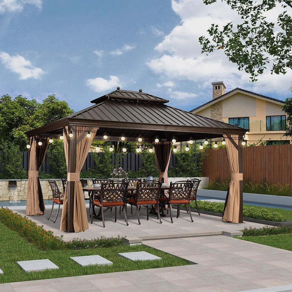 Outdoor Hardtop Gazebo for Garden Bronze Double Roof Aluminum Frame Pavilion with String Lights-milky - Image 40