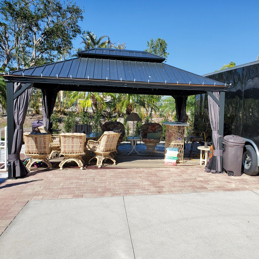 Gazebo for Backyard Grey Hardtop Galvanized Steel Roof Awning with String Lights-clear - Image 117