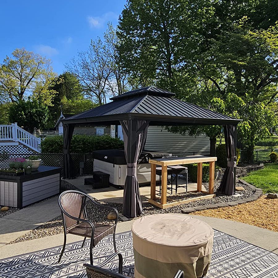 Gazebo for Backyard Grey Hardtop Galvanized Steel Roof Awning String Lights-milky - Image 90