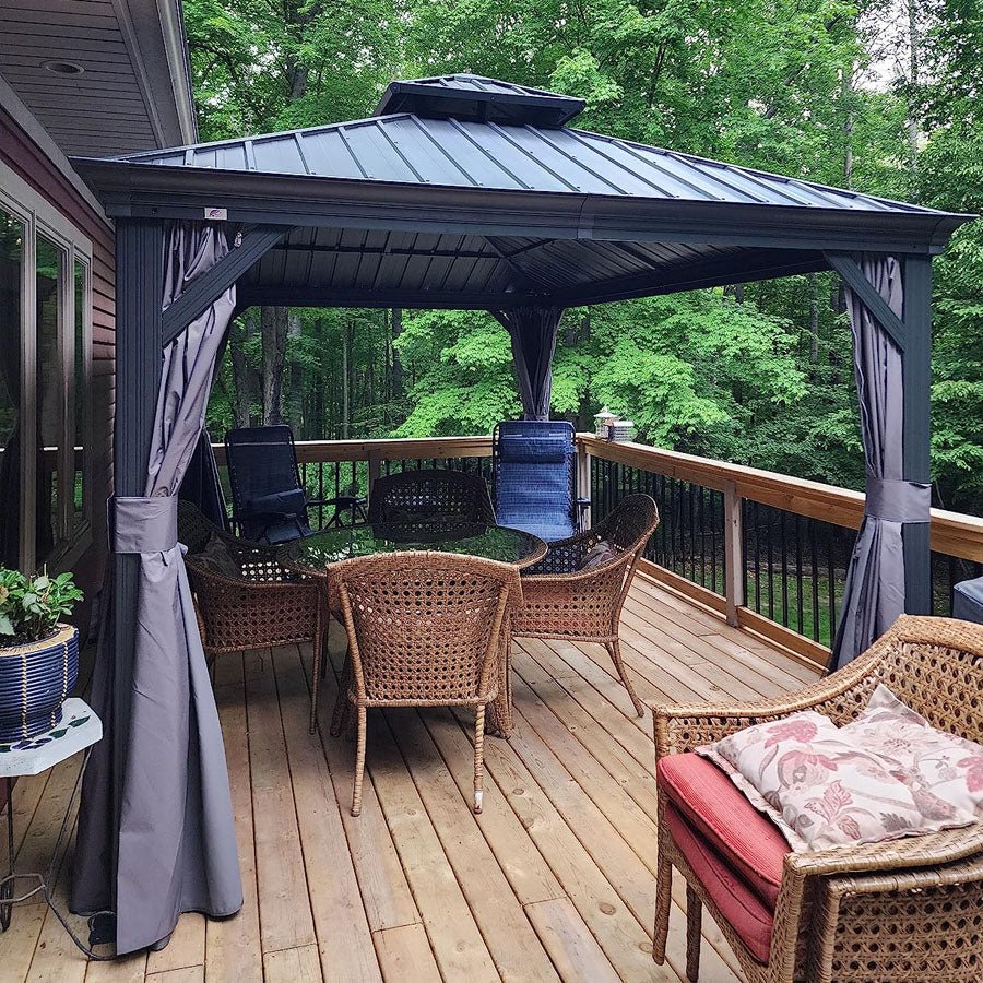 Gazebo for Backyard Grey Hardtop Galvanized Steel Roof Awning with String Lights-clear - Image 116