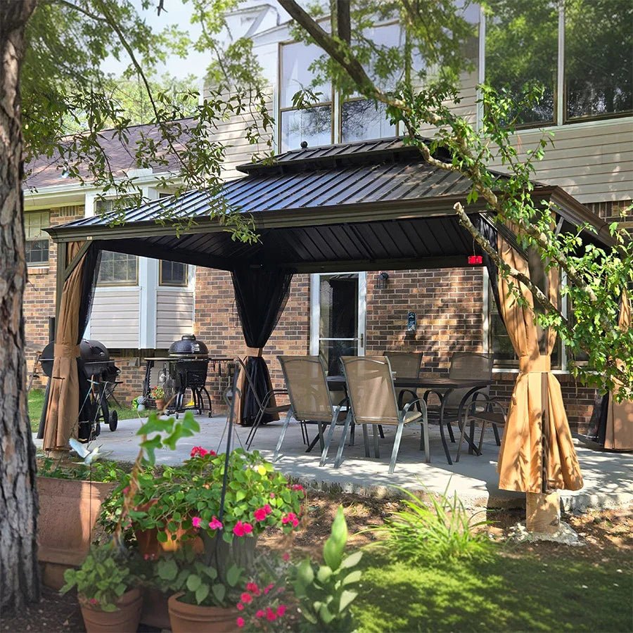 Outdoor Hardtop Gazebo for Garden Bronze Double Roof Aluminum Frame Pavilion with String Lights-clear - Image 126