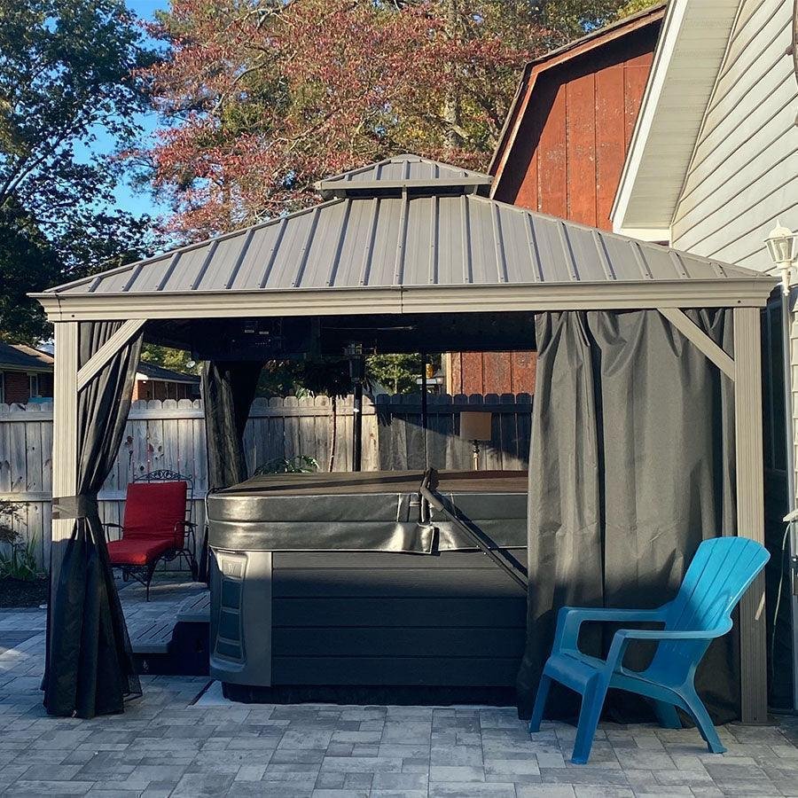 Patio Gazebo for Pool Light Grey Hardtop Galvanized Steel Roof with Upgraded Curtains - Image 10