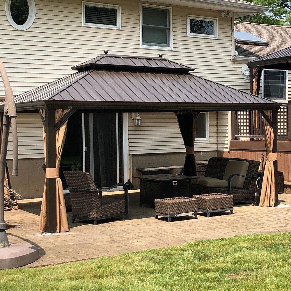Outdoor Hardtop Gazebo for Garden Bronze Double Roof Aluminum Frame Pavilion with String Lights-milky - Image 49