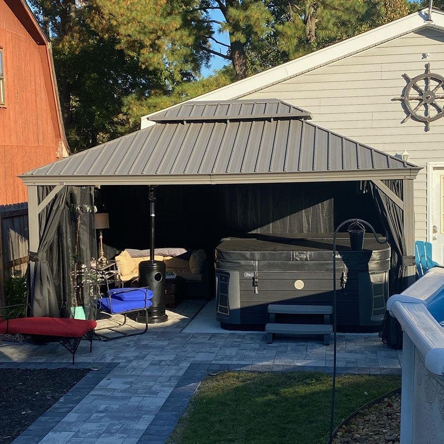 Patio Gazebo for Pool Light Grey Hardtop Galvanized Steel Roof with Upgraded Curtains - Image 52