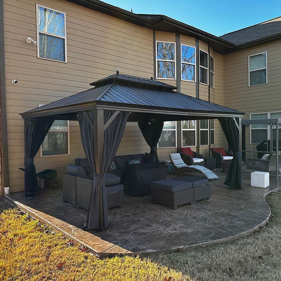 Outdoor Hardtop Gazebo for Patio Bronze Aluminum Frame Pavilion with Navy-Blue Curtain - Image 83