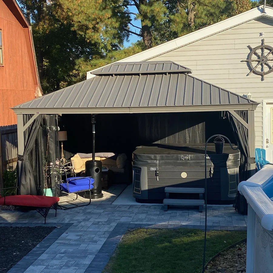 Patio Gazebo for Pool Light Grey Hardtop Galvanized Steel Roof with Upgraded Curtains - Image 119