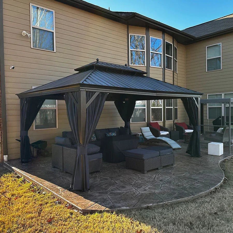 Outdoor Hardtop Gazebo for Patio Bronze Aluminum Frame Pavilion with Navy-Blue Curtain - Image 136