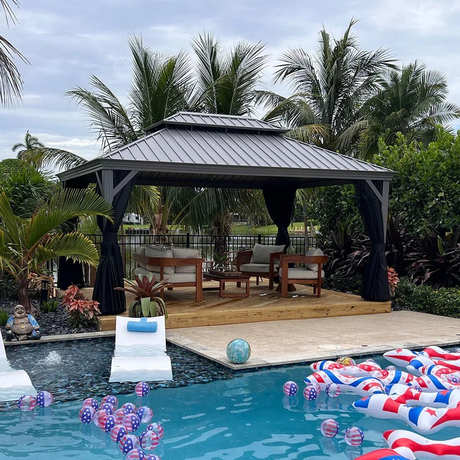 Patio Gazebo for Pool Light Grey Hardtop Galvanized Steel Roof with String Lights-clear - Image 71