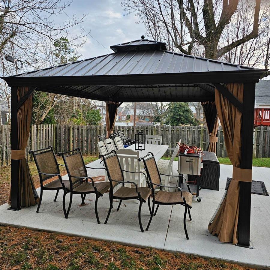 Outdoor Hardtop Gazebo for Garden Bronze Double Roof Aluminum Frame Pavilion with String Lights-milky - Image 79