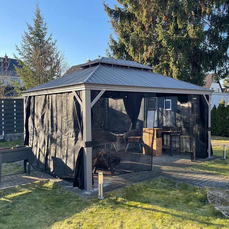 Patio Gazebo for Pool Light Grey Hardtop Galvanized Steel Roof with String Lights-milky - Image 78