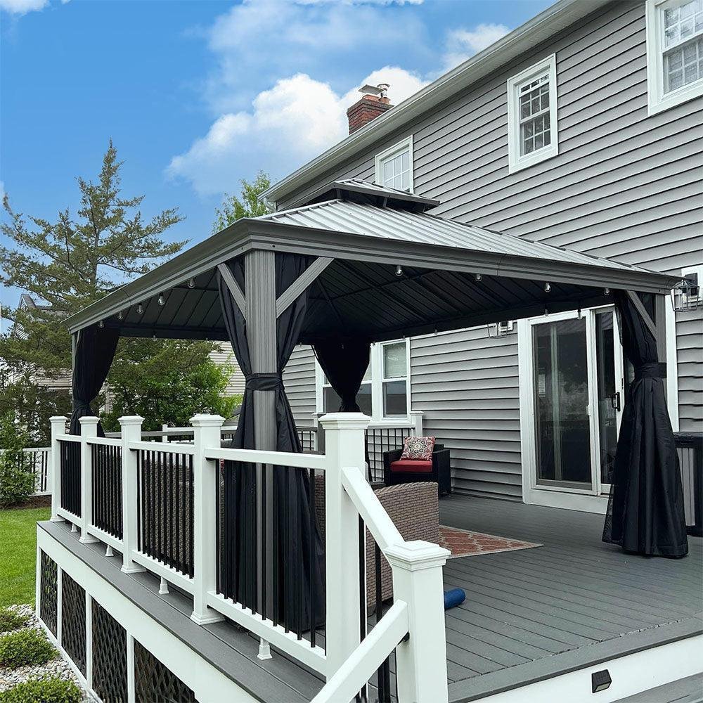 Patio Gazebo for Pool Light Grey Hardtop Galvanized Steel Roof with Upgraded Curtains - Image 55